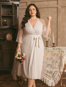 Côtesoire French Elegant Romantic Polka Dot Mesh Flare Sleeve Embroidered Lace Patchwork Knit Tie-Waist White Plus Size Robe - White - View 4