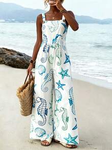 Balvessa Women's Vacation Casual Starfish, Seashell, Seahorse Print Jumpsuit - Multicolor - View 6