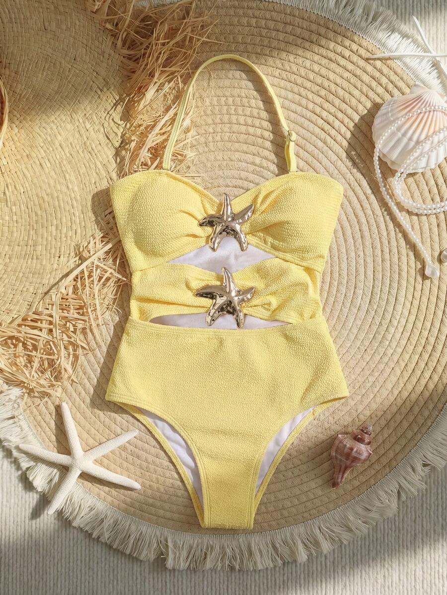 SHEIN 少女掛脖式紋理花卉裝飾 1 件式泳衣,少女奶油黃夏季穿搭,可愛海灘度假檸檬泳裝,1 件式泳衣 - 黃色 - 查看 1