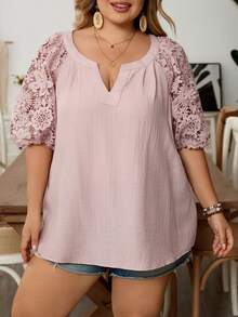 SHEIN CURVE+ Ladies' Elegant Embroidered Three-Dimensional Floral Lace Fabric Splicing Shirt With Plus Size For Spring And Summer, New 2026 Spring And Summer Shirt - Dusty Pink - View 8