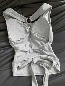 Franclia Plus Size Women Casual Sexy Backless Rhinestone Chain Tie-Up Halter Solid Color Top (With Bra Cup) - Light Grey - View 4