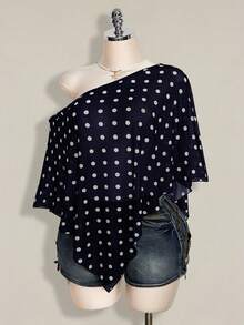 SHEIN ICON Plus Size Women Black & White Polka Dot Print Asymmetric Neck Mesh Blouse - Navy Blue - View 6
