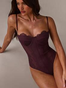 SHEIN BAE Women's Burgundy Lace Mesh Bodysuit, Elegant Sexy Corset Top For Summer Night Out Club, Valentine's Day Date Night Wedding Party Holiday Outfits - Brown - View 9