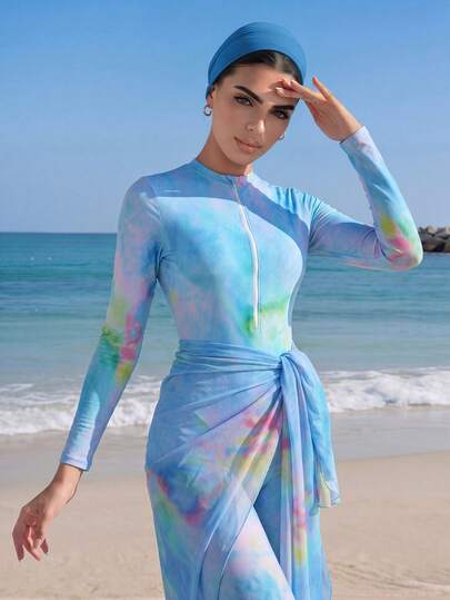 Veilorie Bộ đồ bơi liền thân dài tay, khóa kéo phía trước, kiểu Burkini dành cho nữ, nhuộm tie-dye, kèm áo khoác ngoài và váy.
