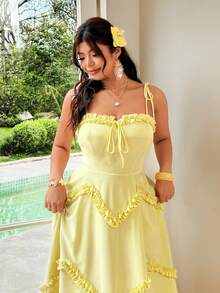 FleurLily Plus Size Women's Spaghetti Strap Bow Tie Spaghetti Strap Ruffle Hem Asymmetrical Hem Beach Gym Vacation Dress Brown Summer - Light Yellow - View 1