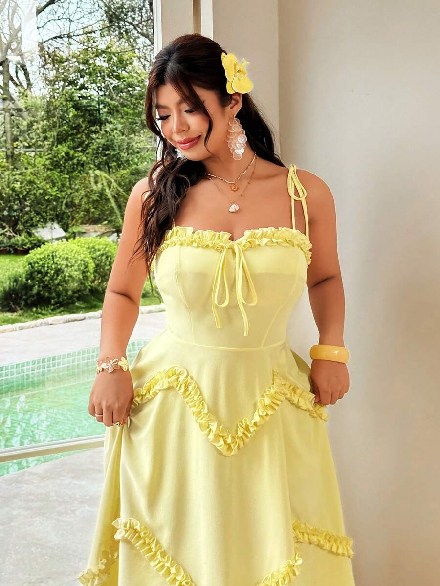 FleurLily Plus Size Women's Spaghetti Strap Bow Tie Spaghetti Strap Ruffle Hem Asymmetrical Hem Beach Gym Vacation Dress Brown Summer - Light Yellow - View 1