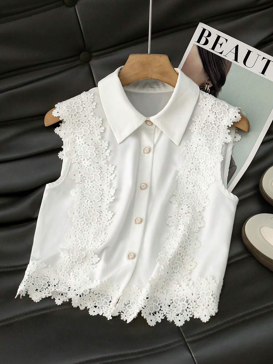 SHEIN Franclia Áo kiểu nữ mùa hè phong cách Pháp thanh lịch, cổ bẻ, không tay, phối họa tiết hoa, dáng ngắn, thoải mái, đa năng. - trắng - Xem 1
