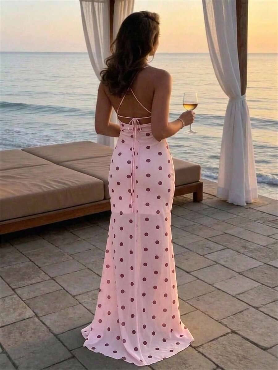 Aloruh 女士优雅雏菊印花露背吊带连衣裙,适合海滩度假 - 彩色 - 查看 1