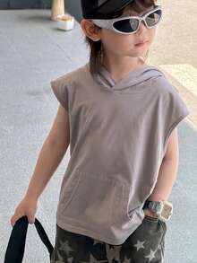 Hooded Sleeveless Loose Graphic Tee For Boys (Small) - Light Grey - View 4