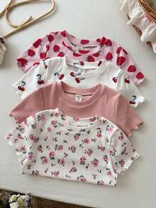 4pcs/Set Young Girl Knitted Solid & Ditsy Floral Round Neck Casual T-Shirts - Multicolor - View 4