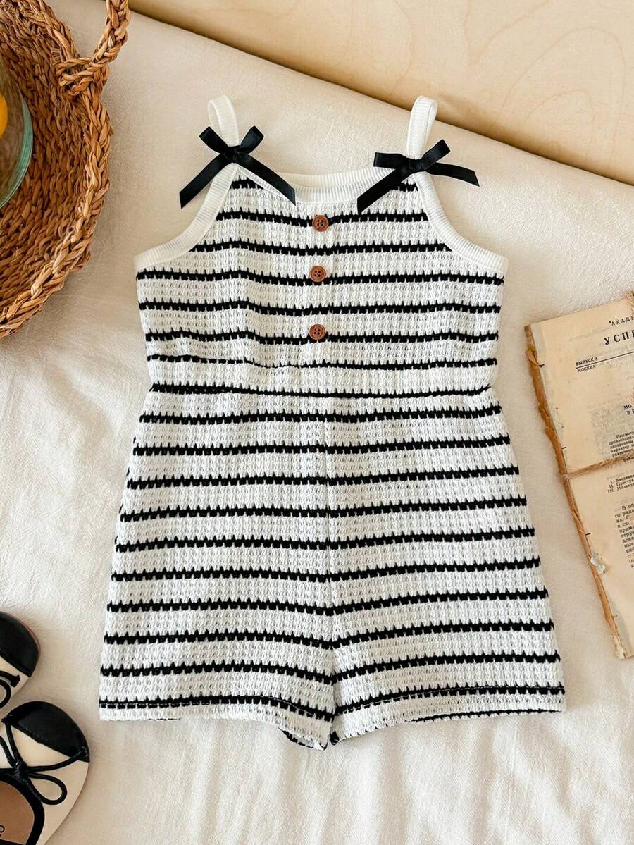 SHEIN Baby Girl Striped Pattern Knit Soft Strap Romper Shorts - Multicolor - View 1