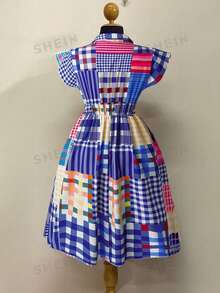 SHEIN CURVE+ Plus Size Women Plaid Cap Sleeve Button Front Casual Dress - Multicolor - View 2