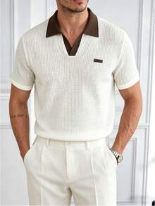 Core Aspect Men's Contrast Color Textured Polo Shirt,Waffle Knit Short Sleeve V Neck Top,White And Brown,Summer,Casual,Dates,Breathable Golf Shirt For Men - Apricot - View 5