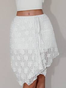 Glamine Women's Elegant Elegant Cotton Lace Asymmetrical Hem Bow Tie Skirt Holiday Day Tea Party White Summer - White - View 5