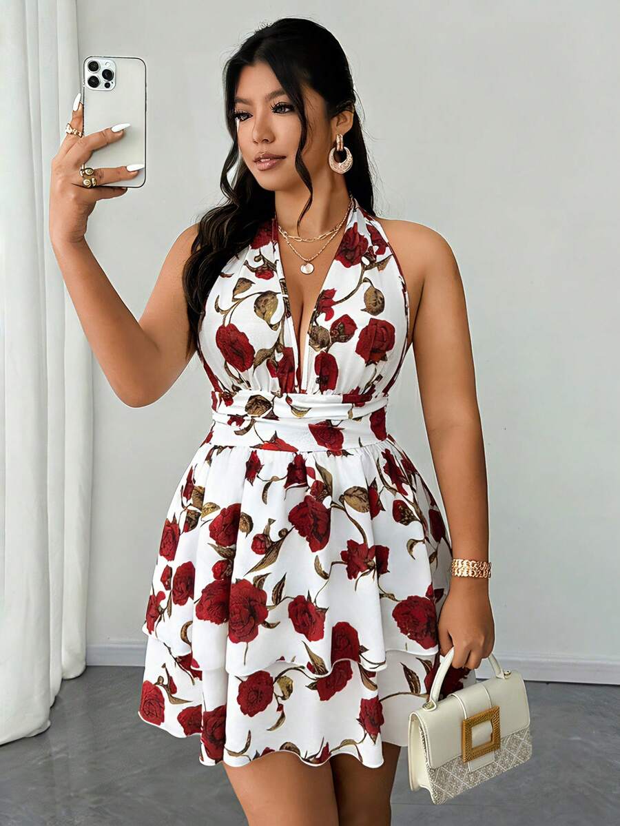 Elenzga 2025新款大码女装时尚优雅日常旅行春夏面料撞色印花V领无袖修身百搭连衣裙 - 彩色 - 查看 1