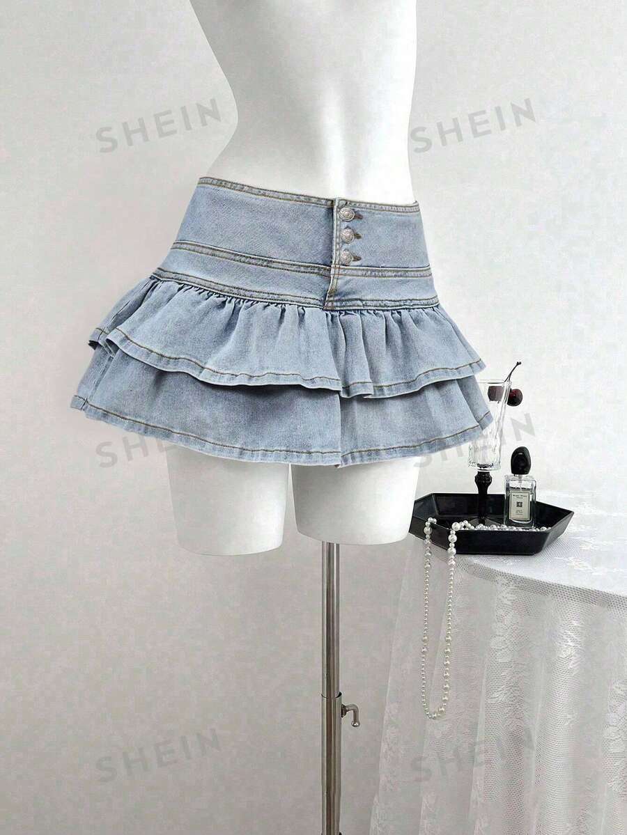 SHEIN Tall Chân váy ngắn denim xếp ly thời trang dành cho nữ cao - Rửa nhẹ - Xem 1