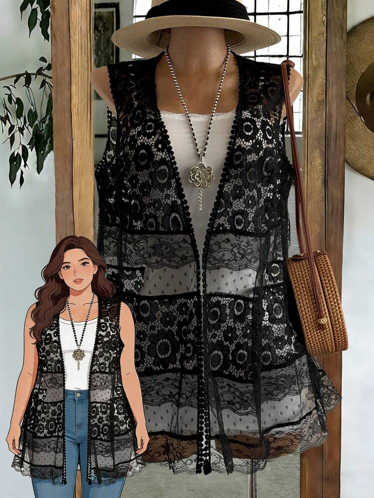 Plus Size Women Floral Hollow Design Sleeveless Open Front Cardigan Black Lace Cover Up Clothes For Ladies