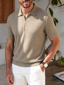 Manfinity Homme 男士紋理半拉鍊 Polo 衫，修身短袖休閒上衣，適用工作與休閒，卡其色，夏季，休閒，度假，正式 - 卡其色 - 查看 5