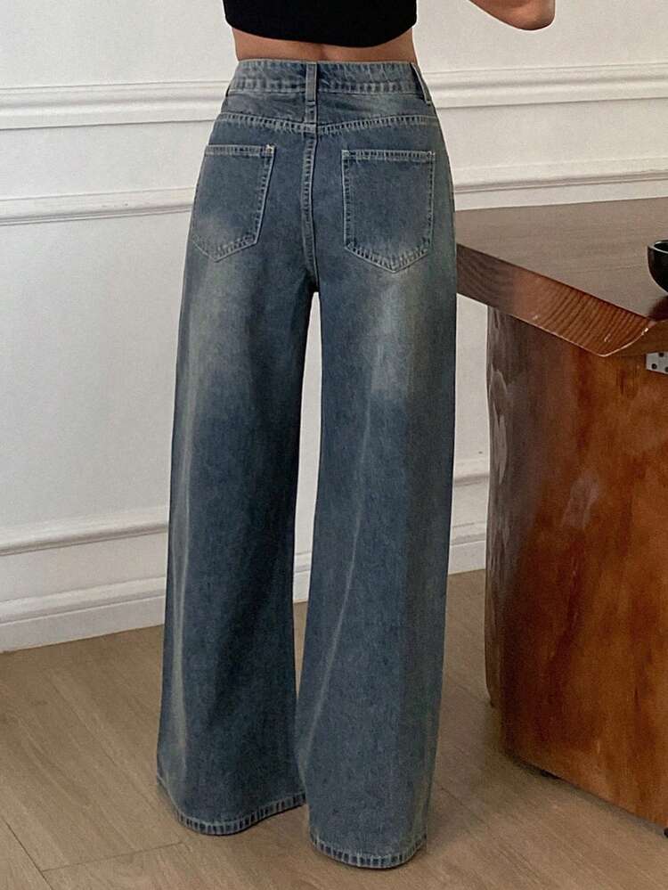 Casual Vintage Distressed Blue Straight Leg Jeans For Women, Spring & Summer