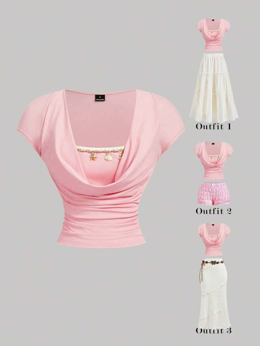 SHEIN MOD Solid Color Fashionable Summer Shell Strap Draped Neck T-Shirt,Summer Top - Pink - View 1