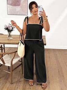 Lounesse 2pcs Contrast Color Fashionable Commuter Plus Size Women Camisole And Pants Set - Black - View 3