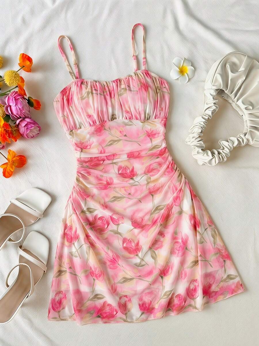 SHEIN 少女碎花荷叶边休闲度假吊带裙 - 粉色 - 查看 1