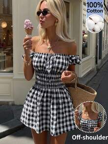 Serisse Women's Fashion 100 Cotton Tie-Up Plaid Shirred Dress, Versatile For Vacation,Cute Gingham Square Neck Puff Sleeve Shirred Waist A-Line Mini Dress - Multicolor - View 3