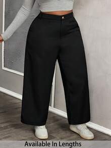 SHEIN PETITE CURVE 大码女士纯色简约日常休闲裤/冬季、情人节、毕业典礼、优雅、休闲、正式场合穿着，黑色裤子 - 黑色 - 查看 1