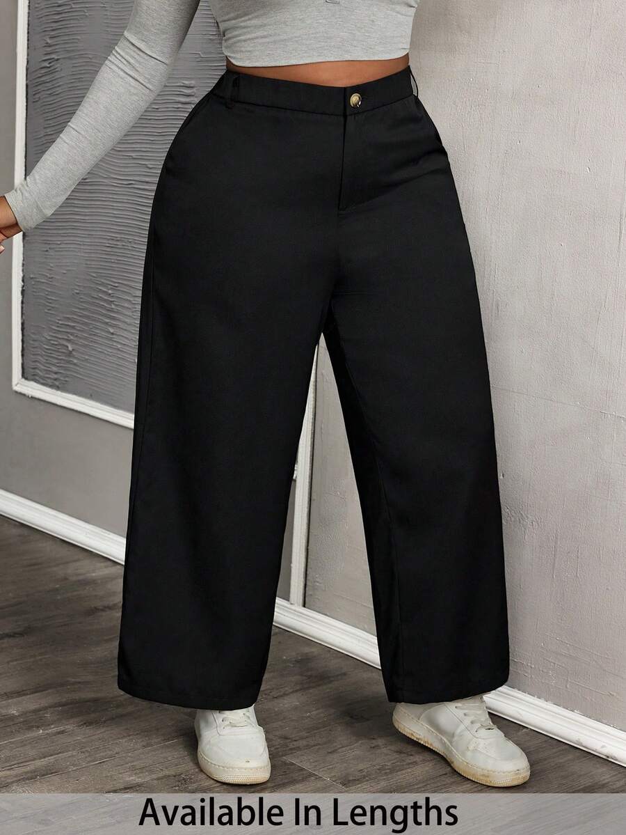 SHEIN PETITE CURVE 大码女士纯色简约日常休闲裤/冬季、情人节、毕业典礼、优雅、休闲、正式场合穿着,黑色裤子 - 黑色 - 查看 1