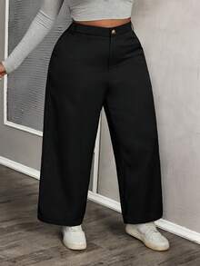 SHEIN PETITE CURVE 大码女士纯色简约日常休闲裤/冬季、情人节、毕业典礼、优雅、休闲、正式场合穿着，黑色裤子 - 黑色 - 查看 3