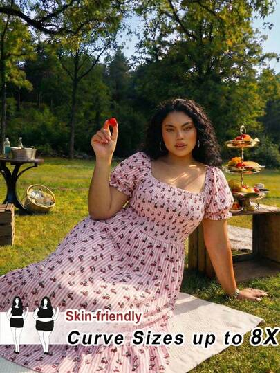 SHEIN CURVE+ Curve 尺码 US22 音乐节、海滨度假、波西米亚浪漫碎花连衣裙，适合海滩度假、毕业季、波西米亚风假日、沙滩裙、度假装扮