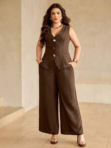 Roveilla Plus Size Women's Summer Elegant Brown Dinner 2-Piece Set,Linen-Like V-Neck Sleeveless Vest With Metal & Wood Buckle,Back Tie Wide Leg Pants Workwear - Brown - View 5