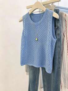 SHEIN LUNE 2026 Chaleco de punto azul marino con cuello redondo y cordones, de estilo minimalista y versátil, para uso diario, para mujeres de talla grande - Azul - Ver 5