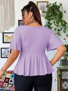 Áo thun nữ cỡ lớn cổ chữ V tay bèo gấu ngắn - Màu tím  Violet - Xem 2