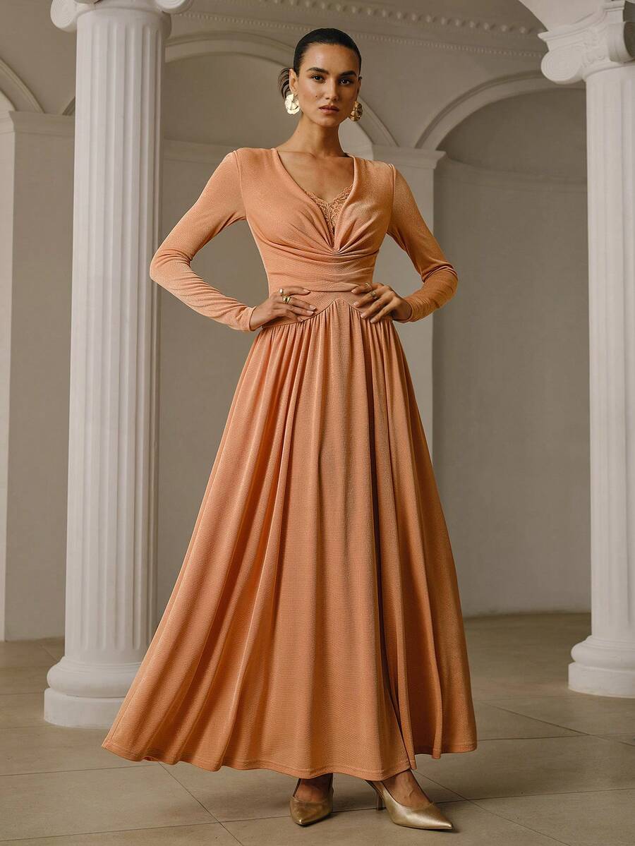 ZEYLAH CONTRAST LACE DROP COLLAR RUCHED DRESS - Coral Pink - View 1