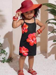 SHEIN 女婴碎花印花休闲吊带连衣裙 - 彩色 - 查看 3