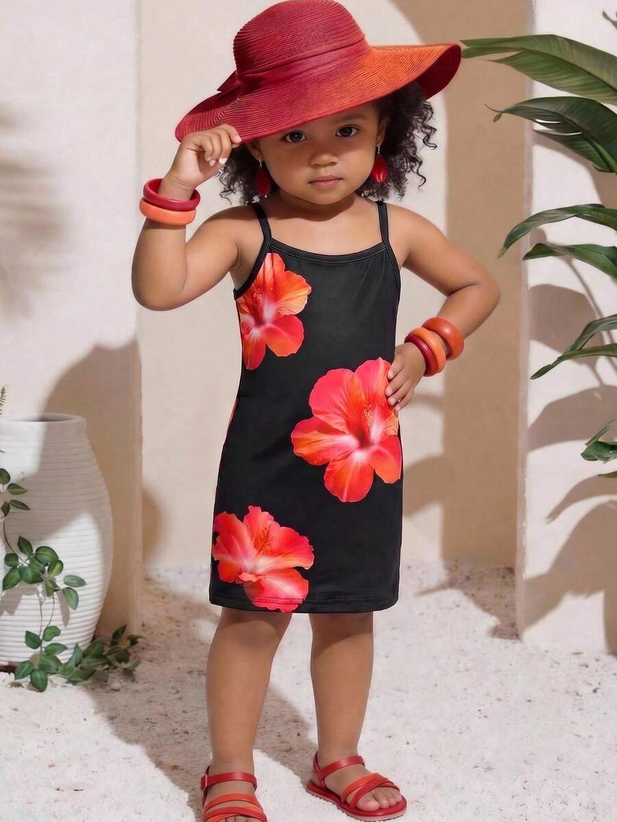 SHEIN 女婴碎花印花休闲吊带连衣裙 - 彩色 - 查看 1