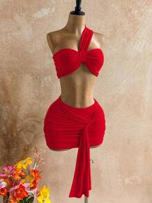 SHEIN WYWH 女士纯色褶皱无袖上衣和系带修身迷你裙两件套 - 紅色 - 查看 4