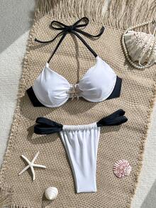 Bonvoyette Maiô Bikini de Praia Sexy com Decote Halter de Alça Fina em Contraste Preto e Branco com Decoração de Estrela-do-mar, Conjunto de Maiô Bikini de 2 Peças com Suporte para Mulheres, Maiô de Verão - Branco - Visão 6
