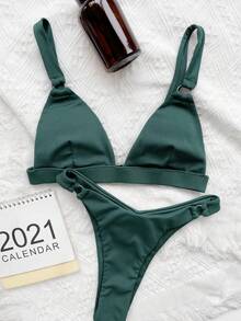 Sọc Bộ Bikini Vòng liên Dây đeo có thể điều chỉnh Tam giác Bras & Cao eo 2 mảnh Bộ đồ tắm - Màu xanh lá cây đậm - Xem 3