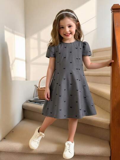 SHEIN Toddler Girls' Black Bow Embroidered Zipper Short Sleeve Elegant Comfortable Dress, Spring/Summer