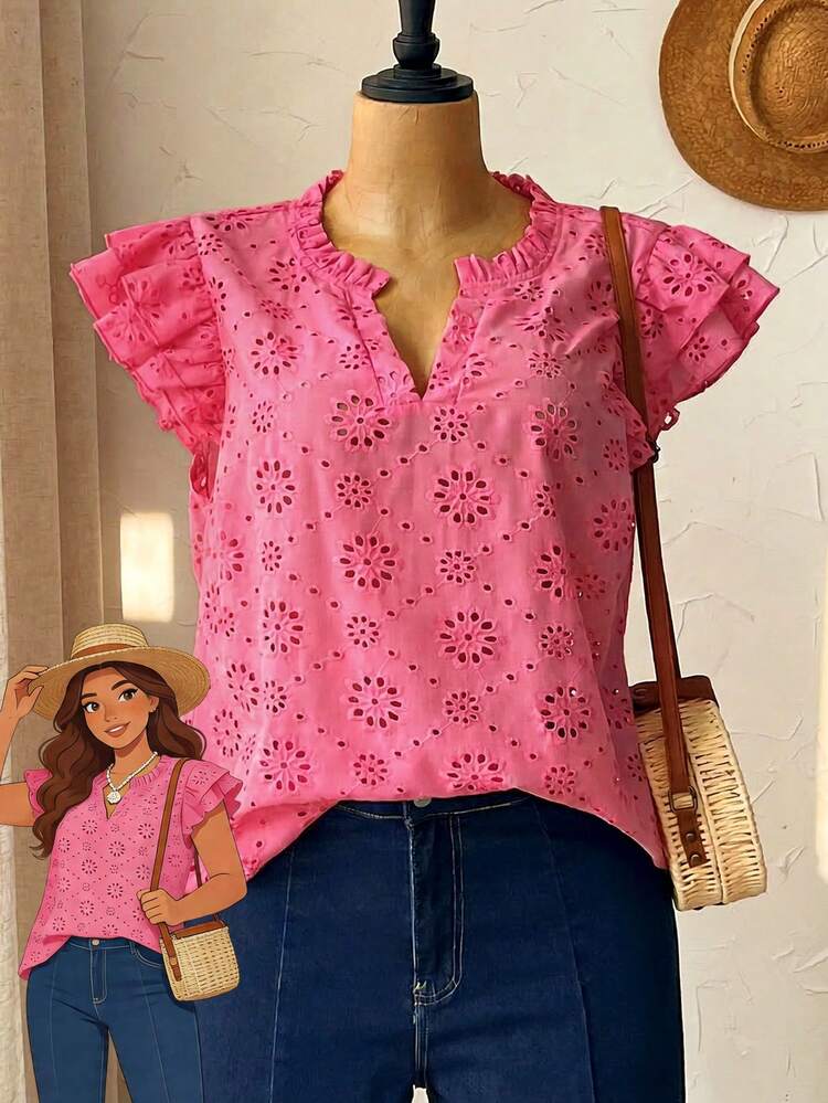 Plus Size Women's Summer Casual Vacation Country Solid Fuchsia Embroidered Cap Sleeve Pink Blouse Top Shirt,Casual Holiday Style,Summer Outfits For Women ,Vacation Outfits Women ,Holiday Outfits For Women,Going Out Outfits, New Clothes,Simple And Fashionable For Everyday Wear,Suitable For Summer, Vacation, Daily Wear, Festival Outfits For Women,Country Concert Outfit,Beach Outfits For Women,Western Style,,Gifts For Mother,Boho Top,Tunic Blouse