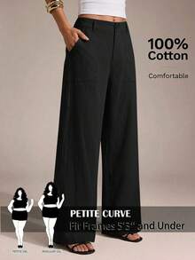 SHEIN PETITE CURVE Quần ống rộng dáng suông thoải mái màu trơn có túi dành cho nữ cỡ lớn - màu đen - Xem 1