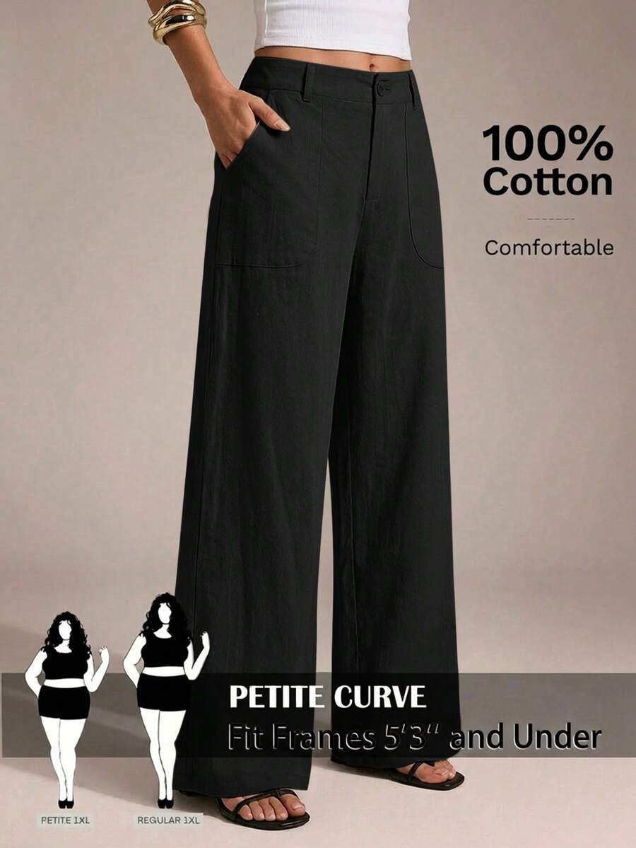 SHEIN PETITE CURVE Quần ống rộng dáng suông thoải mái màu trơn có túi dành cho nữ cỡ lớn - màu đen - Xem 1