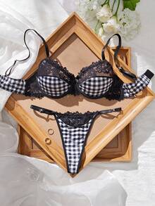 Eraneu 2pcs Plaid & Lace Patchwork Lingerie Set, Fashionable - Black and White - View 7