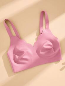 NudeFit 1pc Seamless Minimalist Wavy Edge Solid Color No Underwire Push Up Full Coverage Women Bra - Pink - View 7