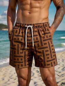 Manfinity Swimmode Quần short nam dáng rộng, họa tiết hình học, có dây rút ở eo và túi, thích hợp mặc đi biển. - màu nâu - Xem 3