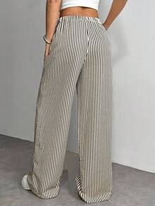 SHEIN PETITE Women's Letter & Striped Wide Leg Loose Casual Pants ,Petite Women - Dark Grey - View 2