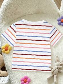 SHEIN Playful Pals Baby Girl Sweet & Cute Floral Striped Print Short Sleeve T-Shirt, Suitable For Outdoor Wear In Summer - Multicolor - View 3