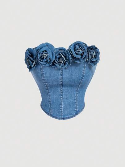 SHEIN MOD 女士3D立体花卉装饰牛仔抹胸上衣